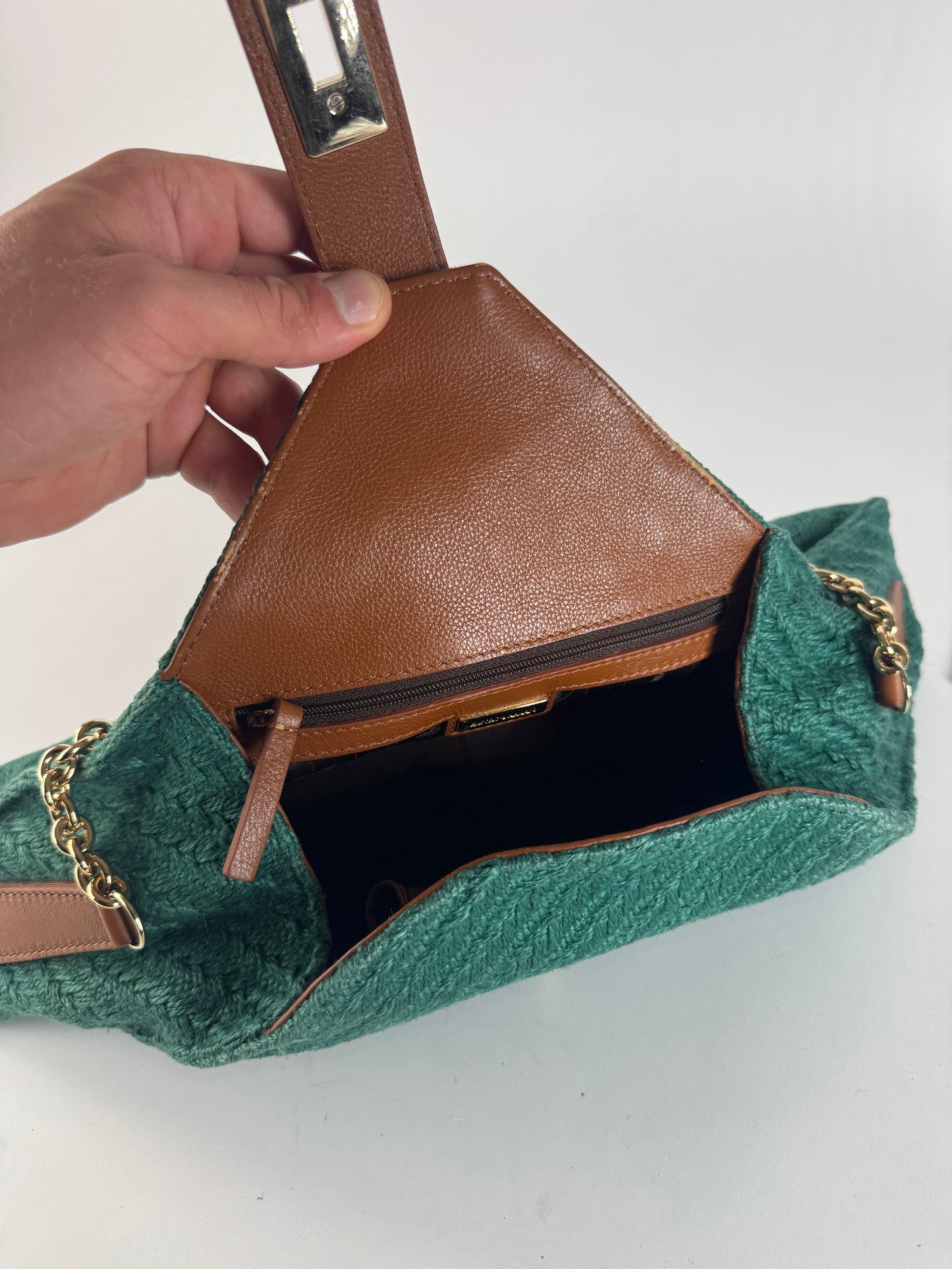 Sac à main vintage Giorgio Armani en cuir, laine et bois, vert, marron et doré