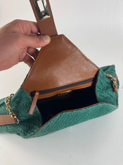 Sac à main vintage Giorgio Armani en cuir, laine et bois, vert, marron et doré