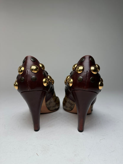 Vintage Gucci Studded Monogram Leather Pumps Beige Brown EU40