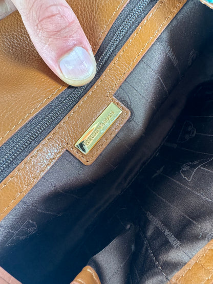 Sac à main vintage Giorgio Armani en cuir, laine et bois, vert, marron et doré