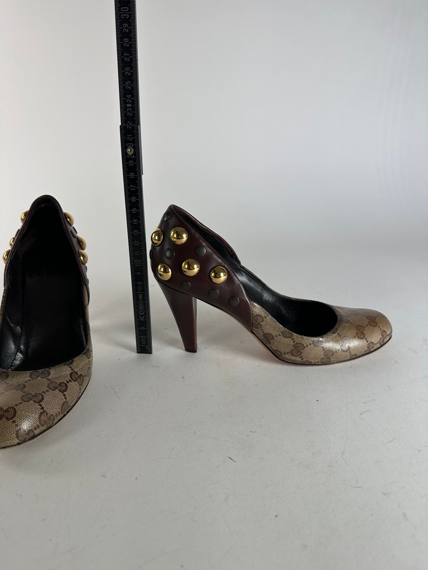 Vintage Gucci Studded Monogram Leather Pumps Beige Brown EU40