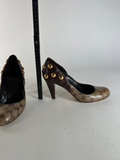 Vintage Gucci Studded Monogram Leather Pumps Beige Brown EU40