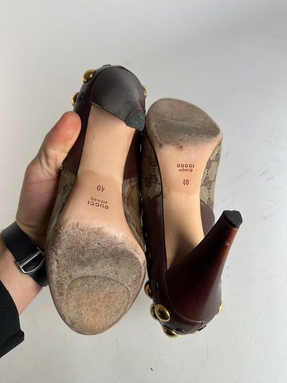 Vintage Gucci Studded Monogram Leather Pumps Beige Brown EU40