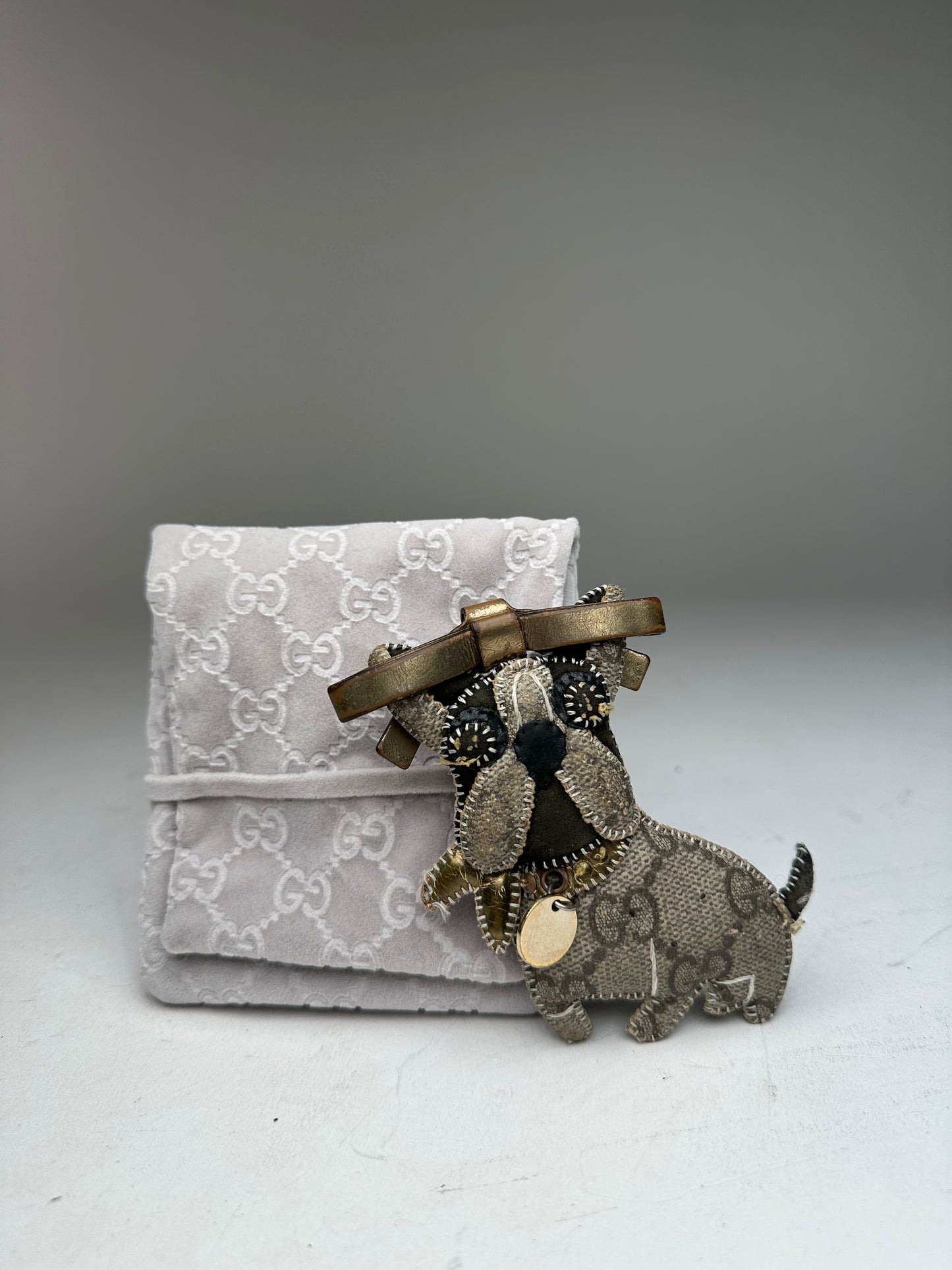Vintage Gucci Leather Monogram Dog Pendant