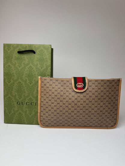 Vintage Gucci Monogram Canvas Leather Clutch Brown