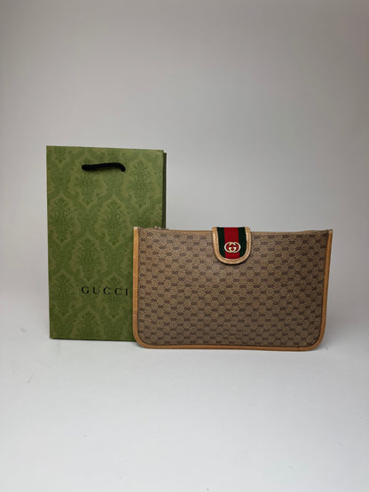 Vintage Gucci Monogram Canvas Leather Clutch Brown