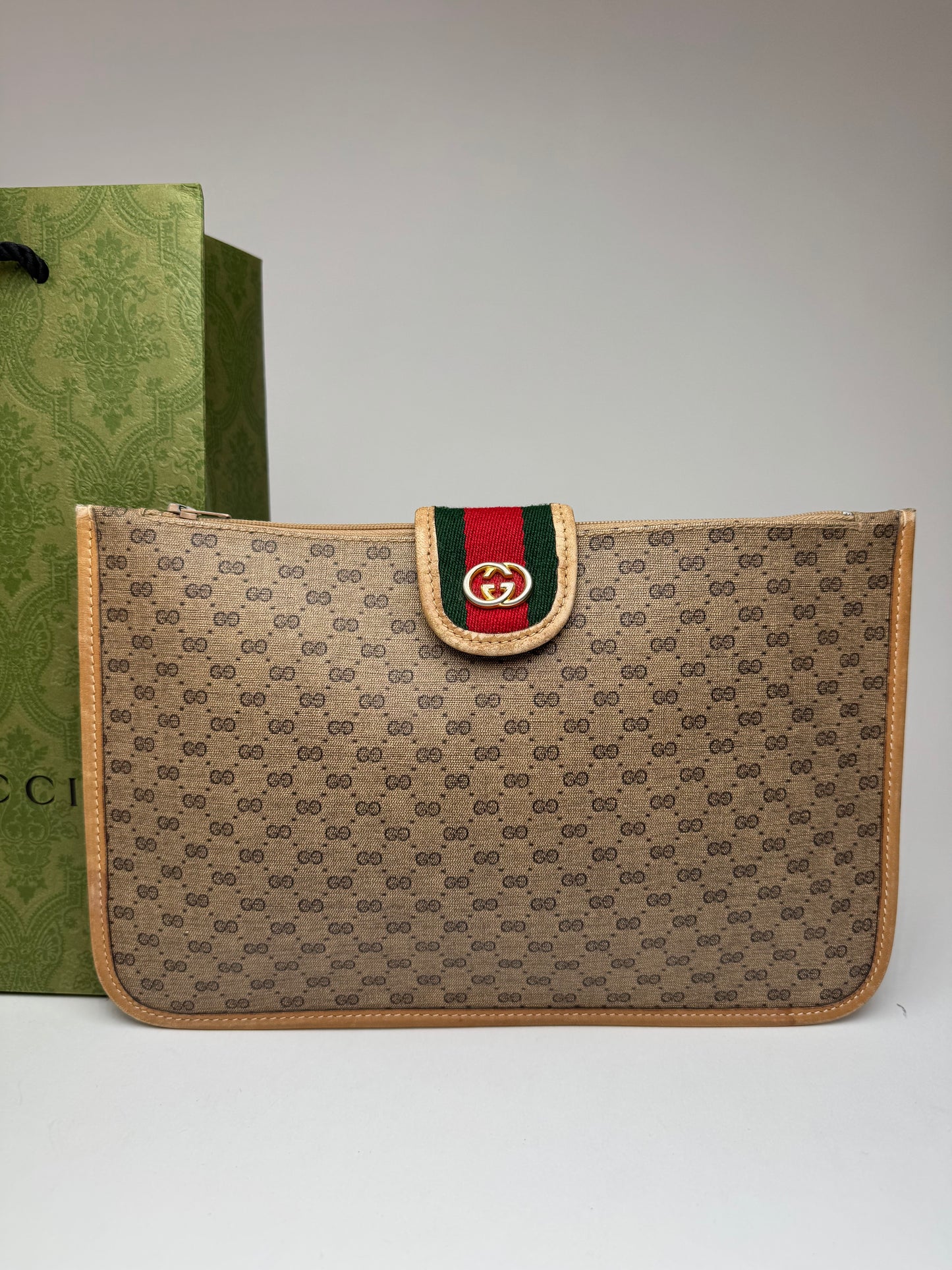 Vintage Gucci Monogram Canvas Leather Clutch Brown