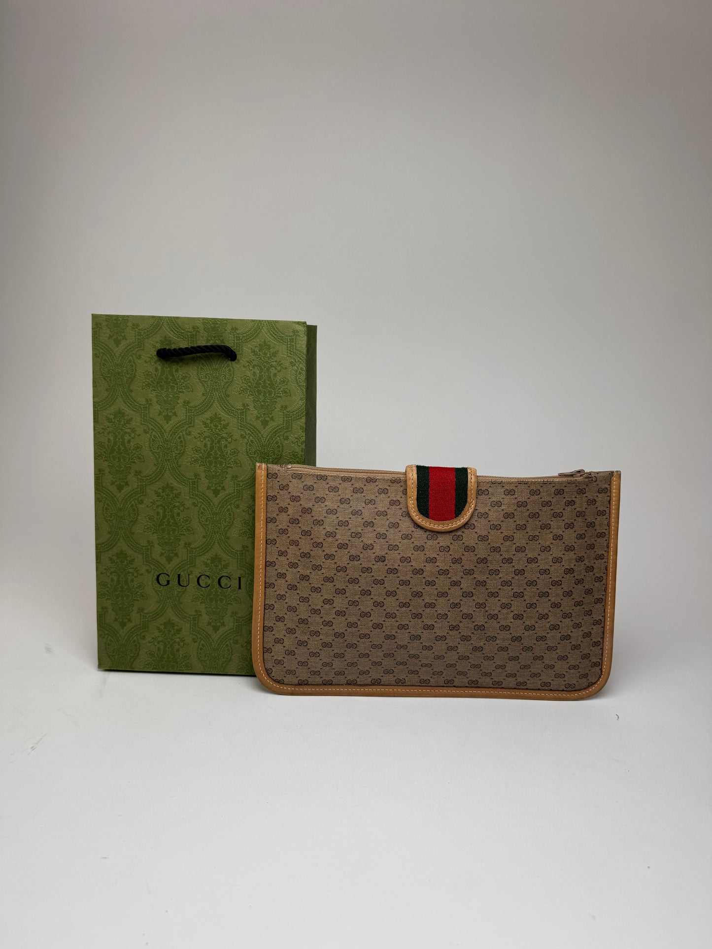 Vintage Gucci Monogram Canvas Leather Clutch Brown