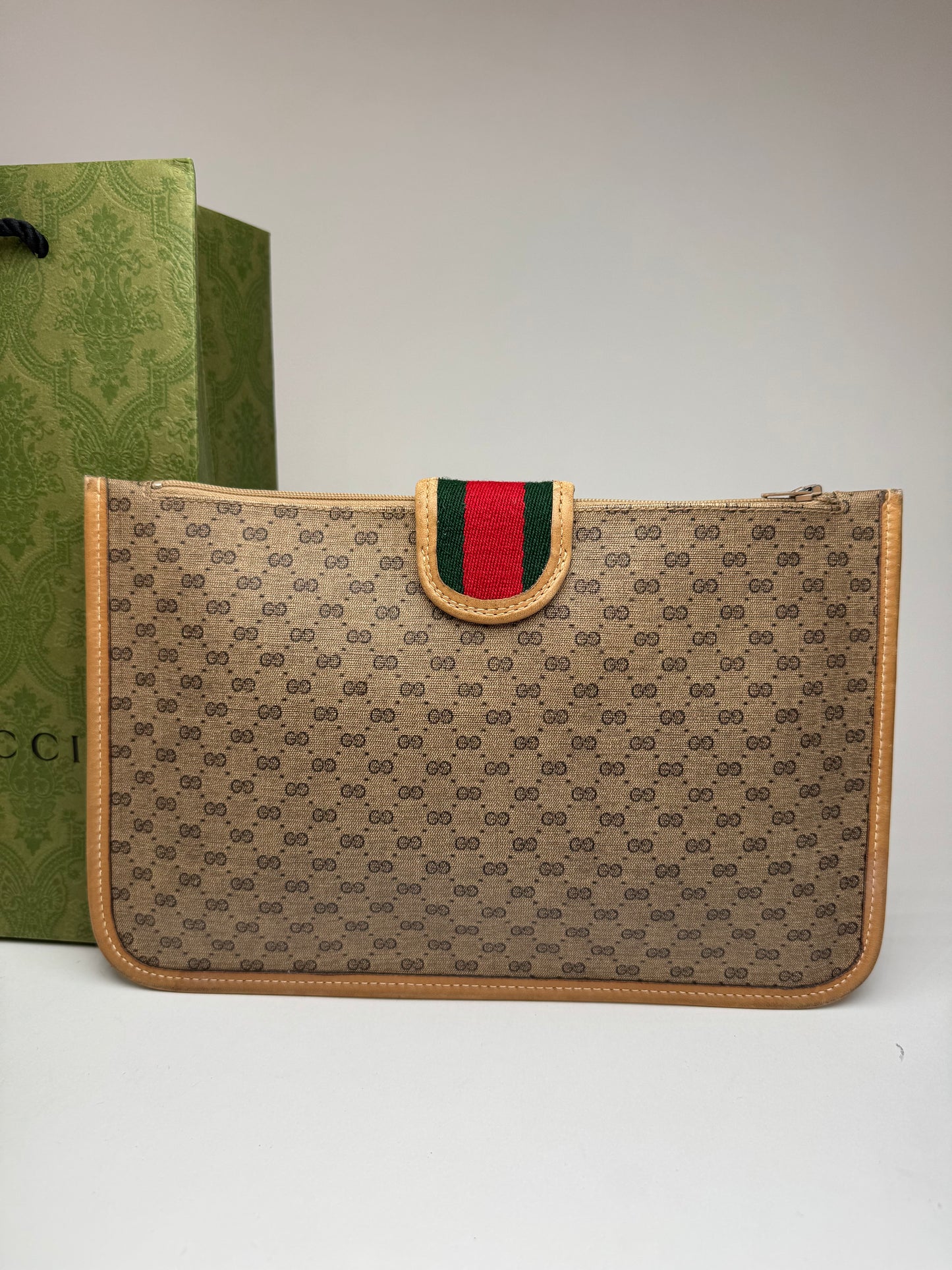 Vintage Gucci Monogram Canvas Leather Clutch Brown