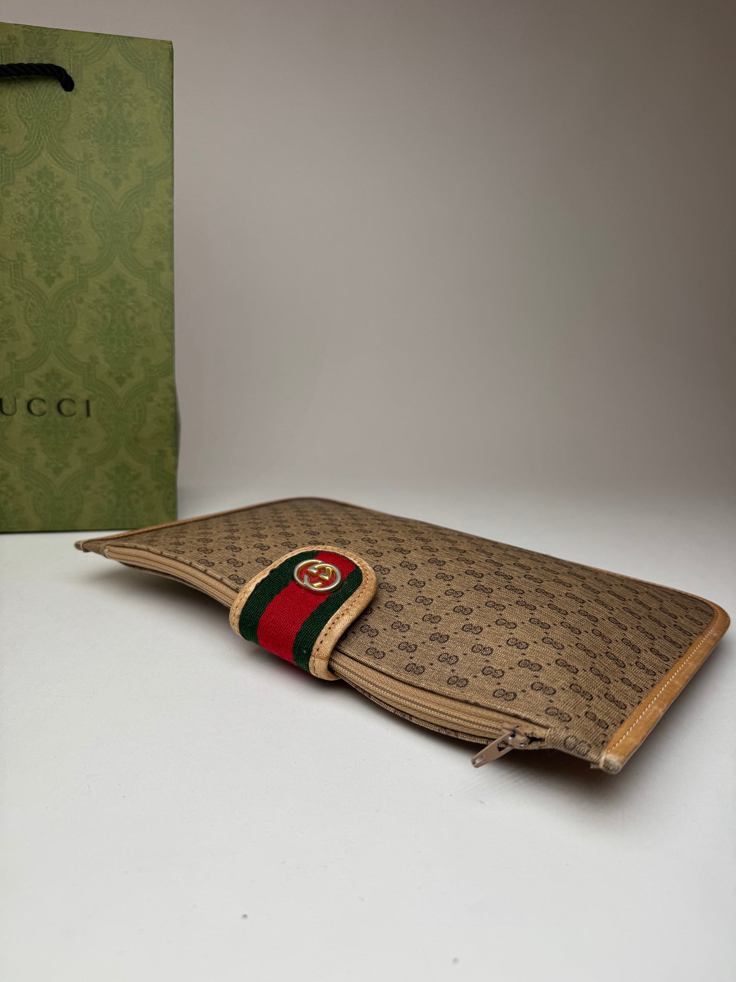 Vintage Gucci Monogram Canvas Leather Clutch Brown