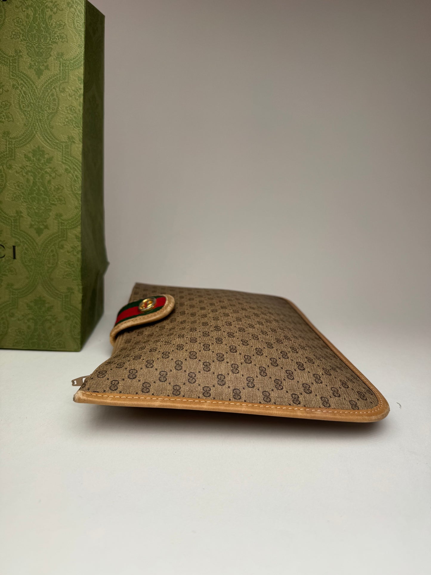 Vintage Gucci Monogram Canvas Leather Clutch Brown