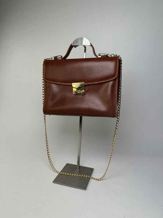 Givenchy Paris Vintage Top Handle Bag Cognac Lizard-Embossed Leather