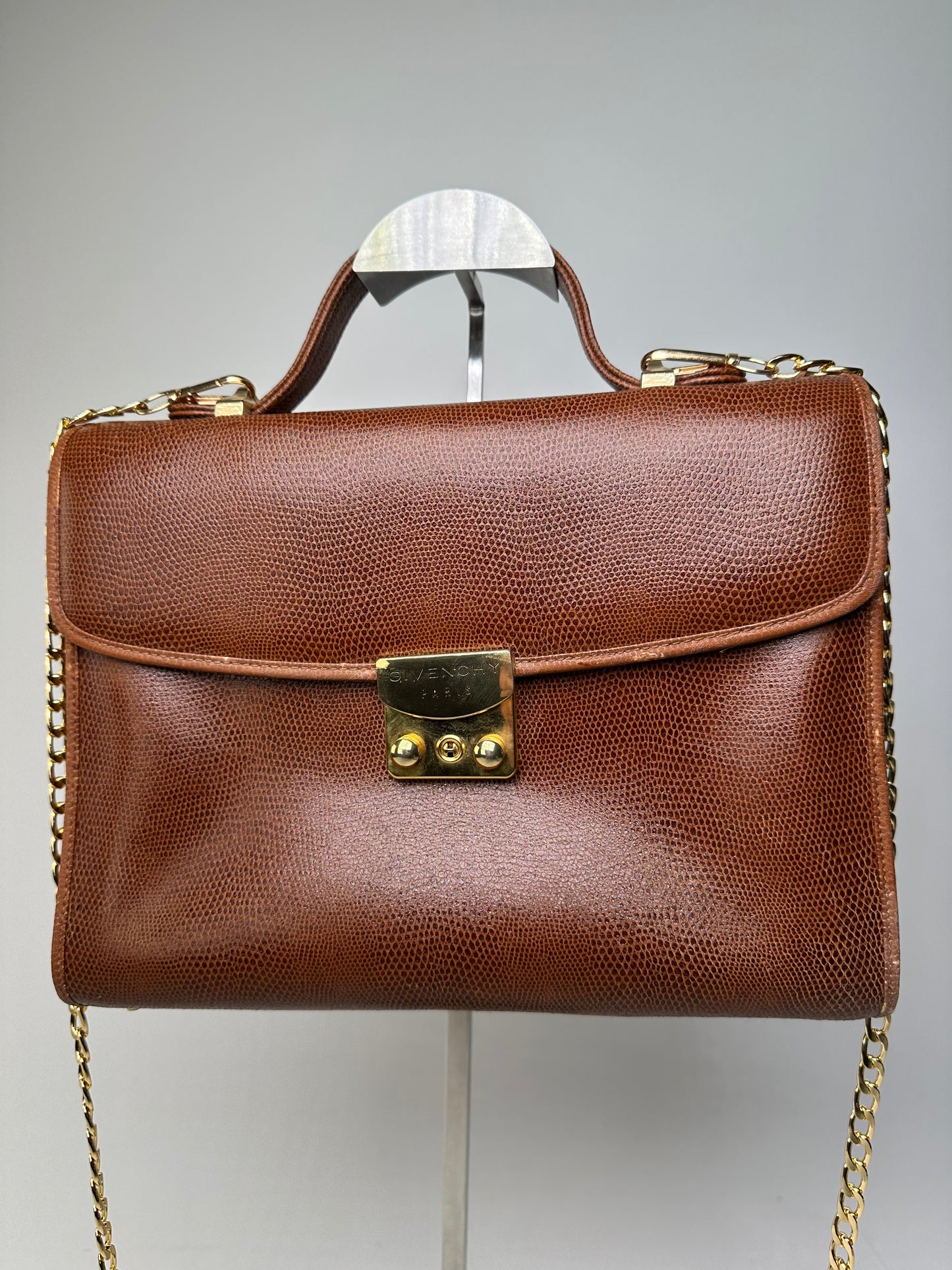 Givenchy Paris Vintage Top Handle Bag Cognac Lizard-Embossed Leather