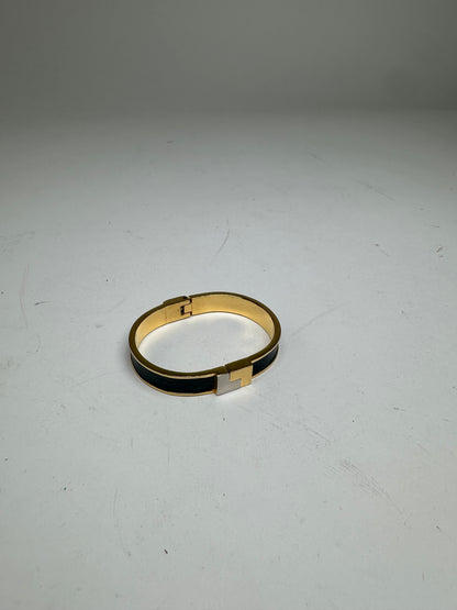 Vintage Loewe Anagram Hinged Bangle Bracelet Gold-Tone Black Leather