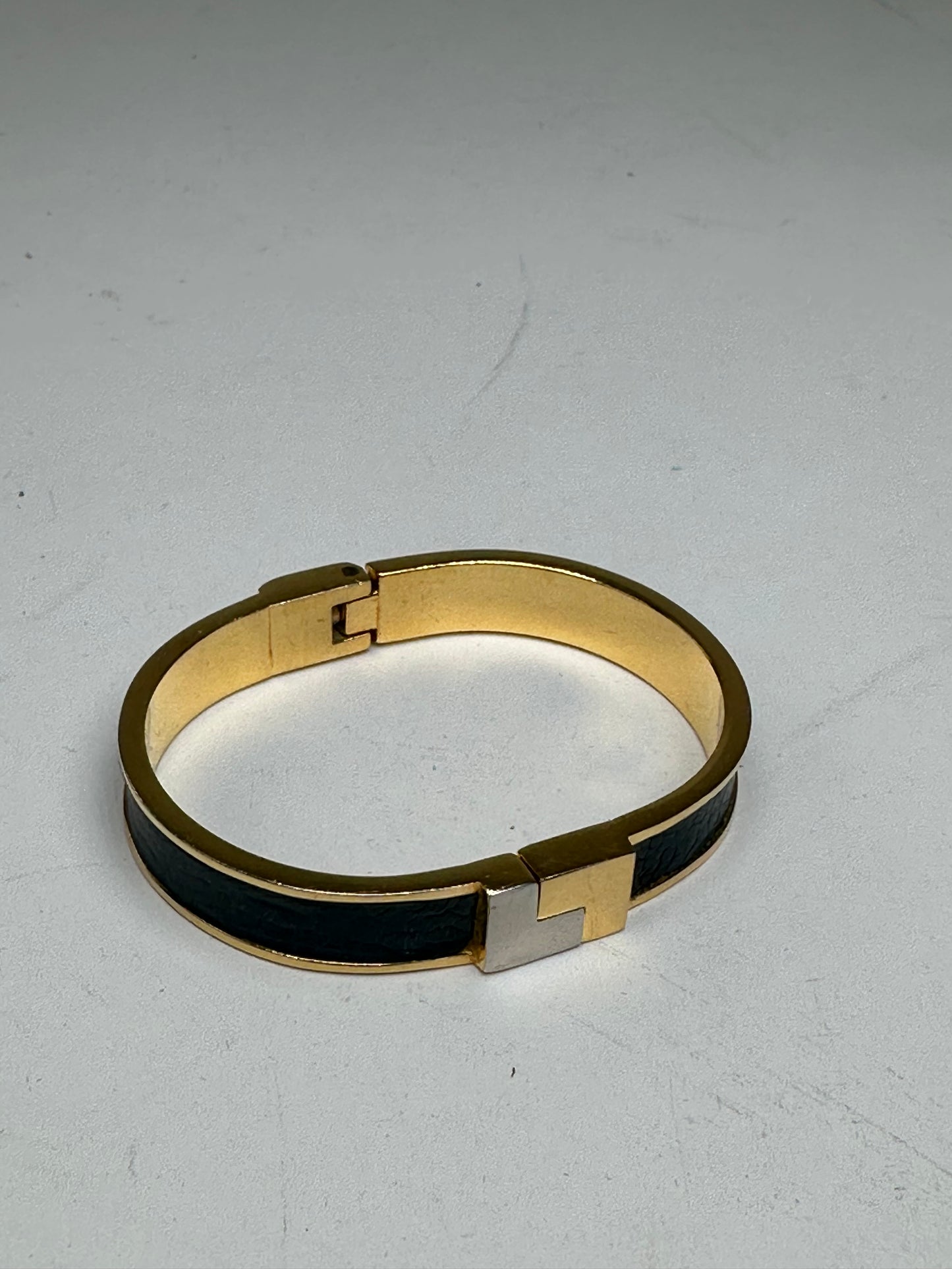 Vintage Loewe Anagram Hinged Bangle Bracelet Gold-Tone Black Leather