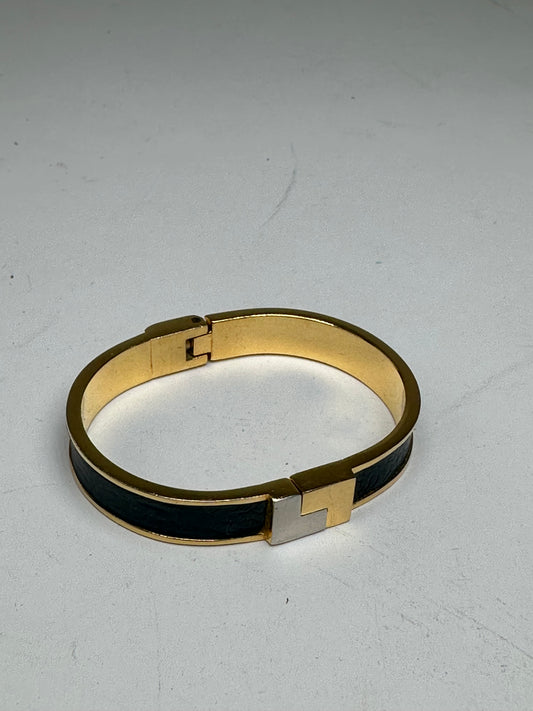 Vintage Loewe Anagram Hinged Bangle Bracelet Gold-Tone Black Leather