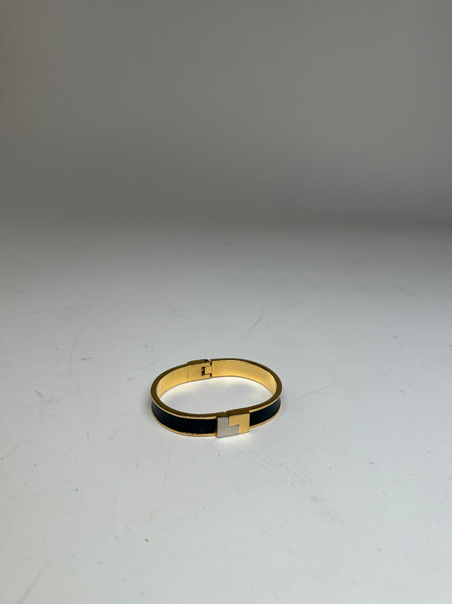 Vintage Loewe Anagram Hinged Bangle Bracelet Gold-Tone Black Leather