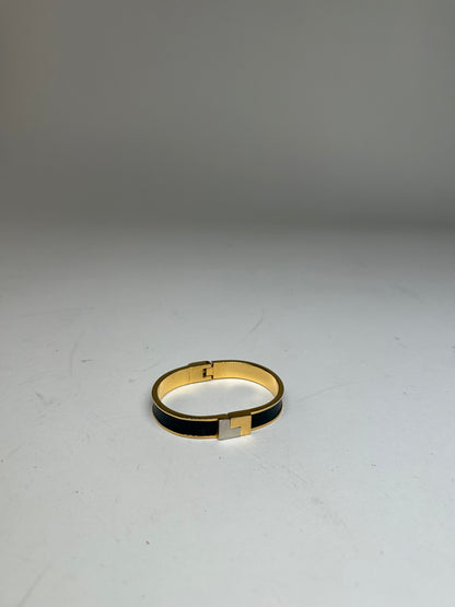 Vintage Loewe Anagram Hinged Bangle Bracelet Gold-Tone Black Leather