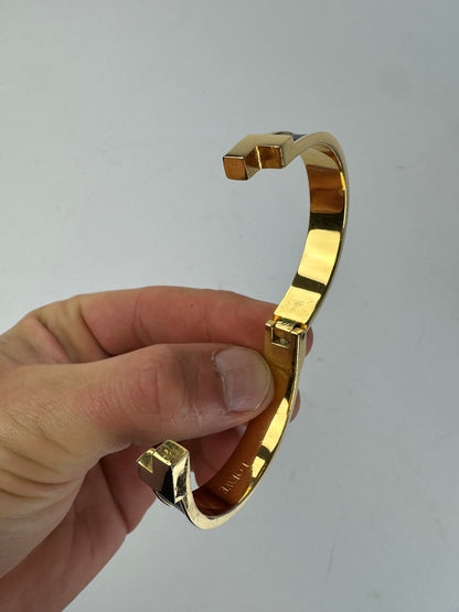 Vintage Loewe Anagram Hinged Bangle Bracelet Gold-Tone Black Leather