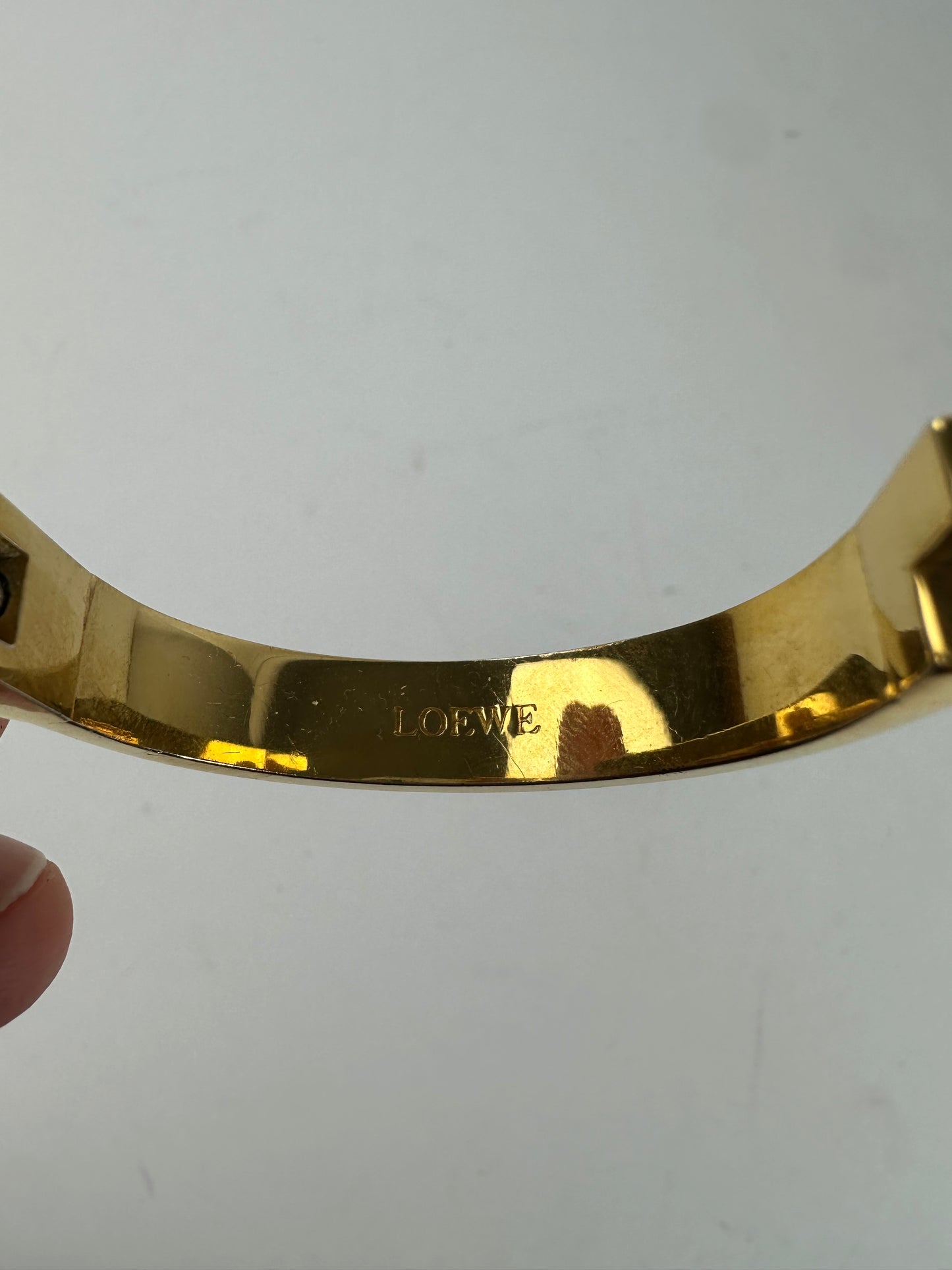 Vintage Loewe Anagram Hinged Bangle Bracelet Gold-Tone Black Leather