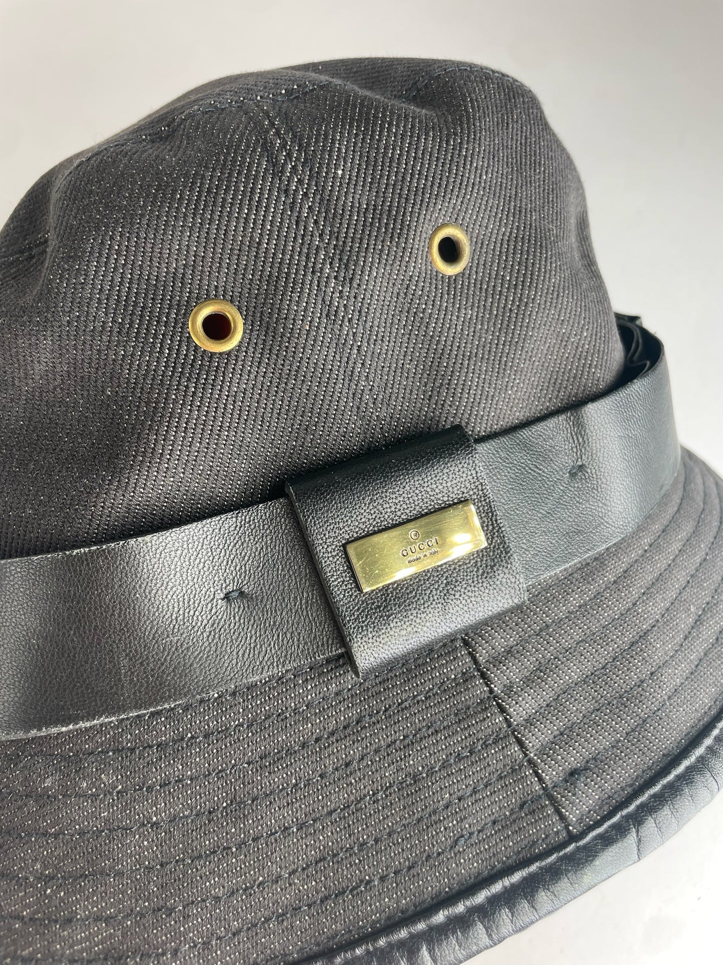 Vintage Gucci Polyester & Leather Bucket Hat Black