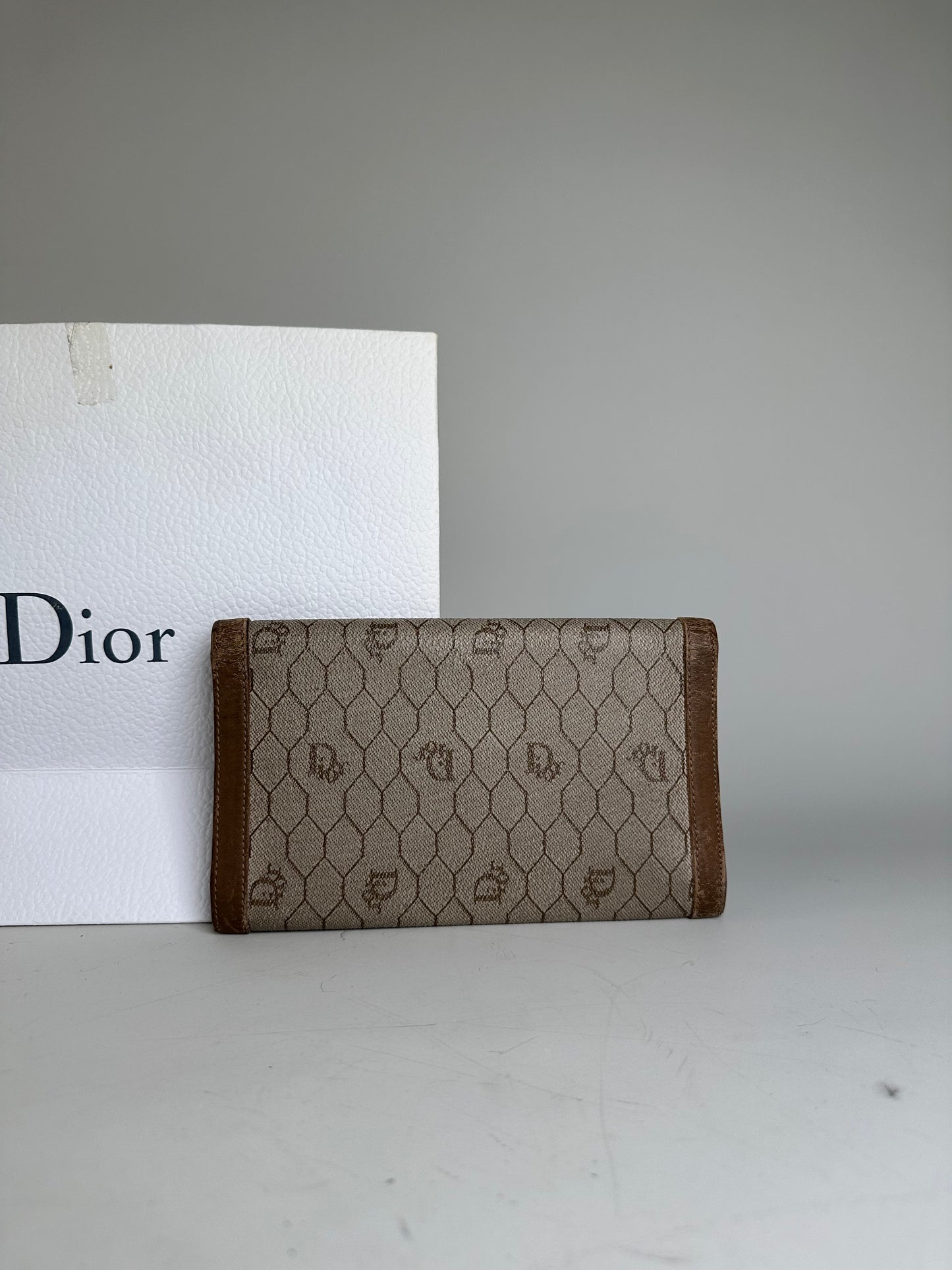 Vintage Dior Oblique Canvas Wallet Beige Brown Gold