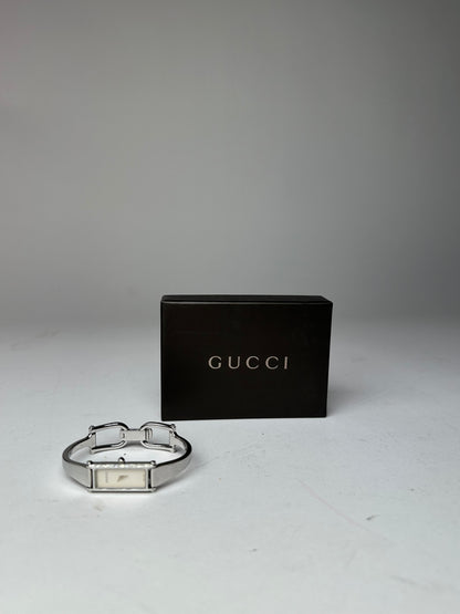Vintage Gucci 1500L Stainless Steel Bangle Watch Silver White Dial