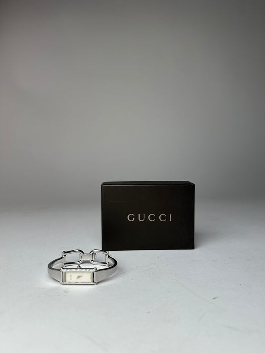 Vintage Gucci 1500L Stainless Steel Bangle Watch Silver White Dial
