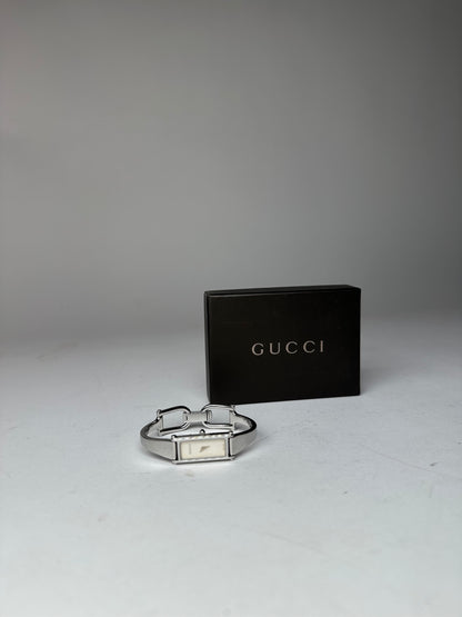 Vintage Gucci 1500L Stainless Steel Bangle Watch Silver White Dial