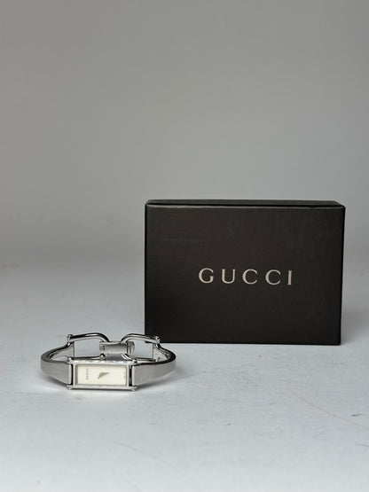Vintage Gucci 1500L Stainless Steel Bangle Watch Silver White Dial