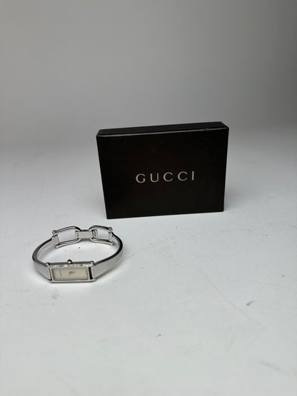 Vintage Gucci 1500L Stainless Steel Bangle Watch Silver White Dial