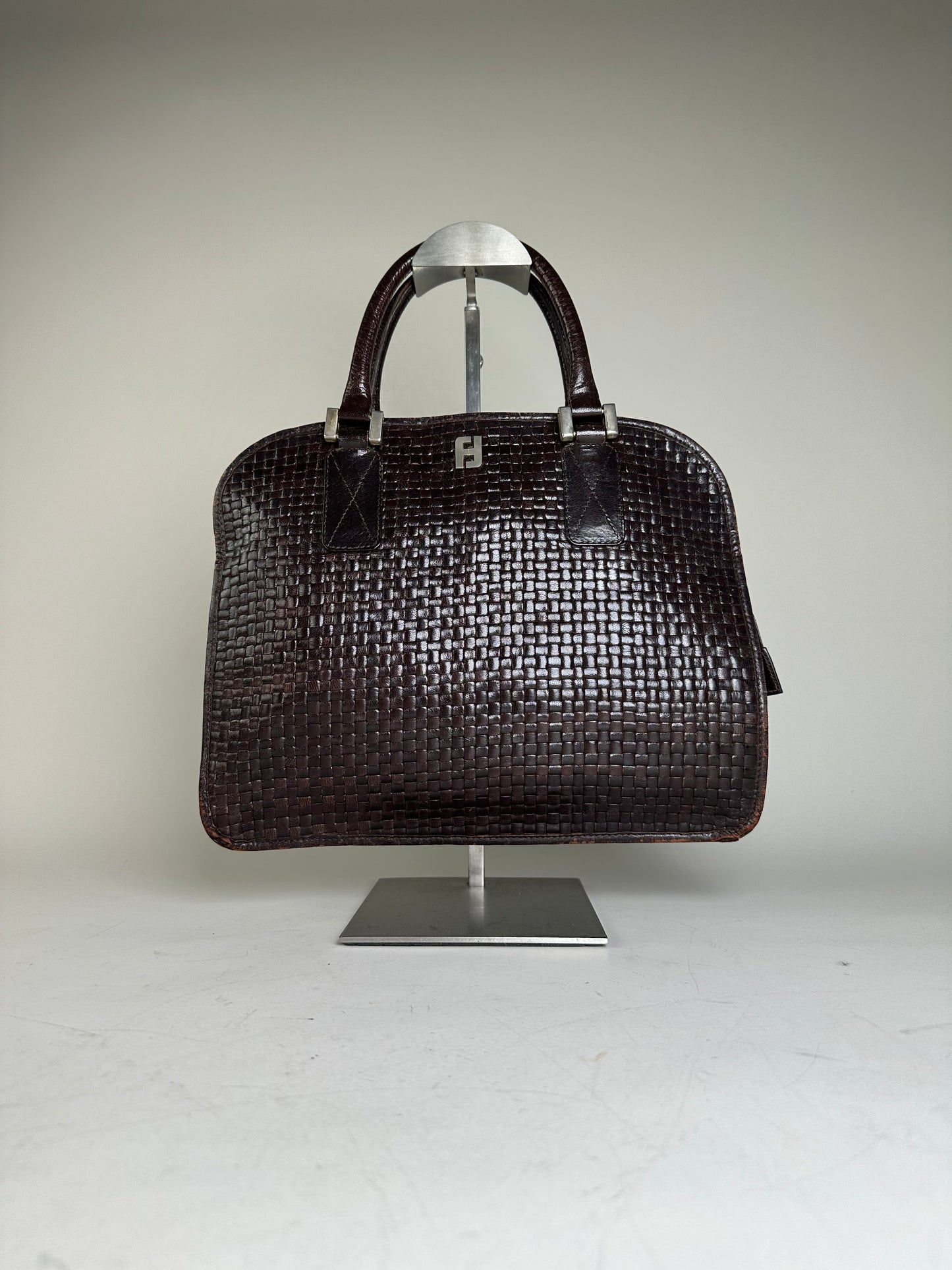 Vintage Fendi Woven Leather Handbag Dark Brown Silver