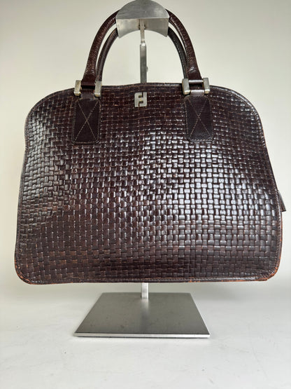 Vintage Fendi Woven Leather Handbag Dark Brown Silver
