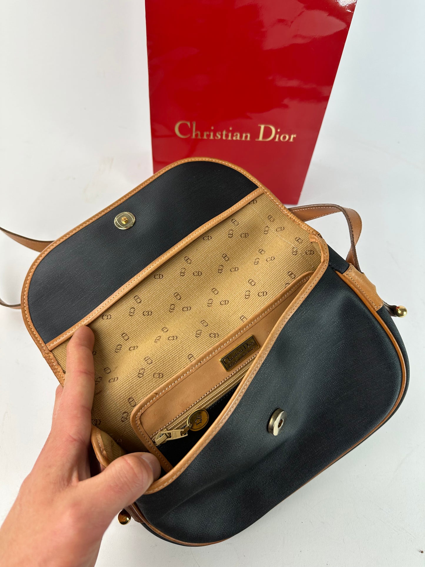 Vintage Christian Dior Crossbody Bag Black Canvas Cognac Leather
