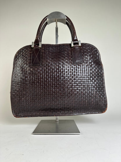 Vintage Fendi Woven Leather Handbag Dark Brown Silver