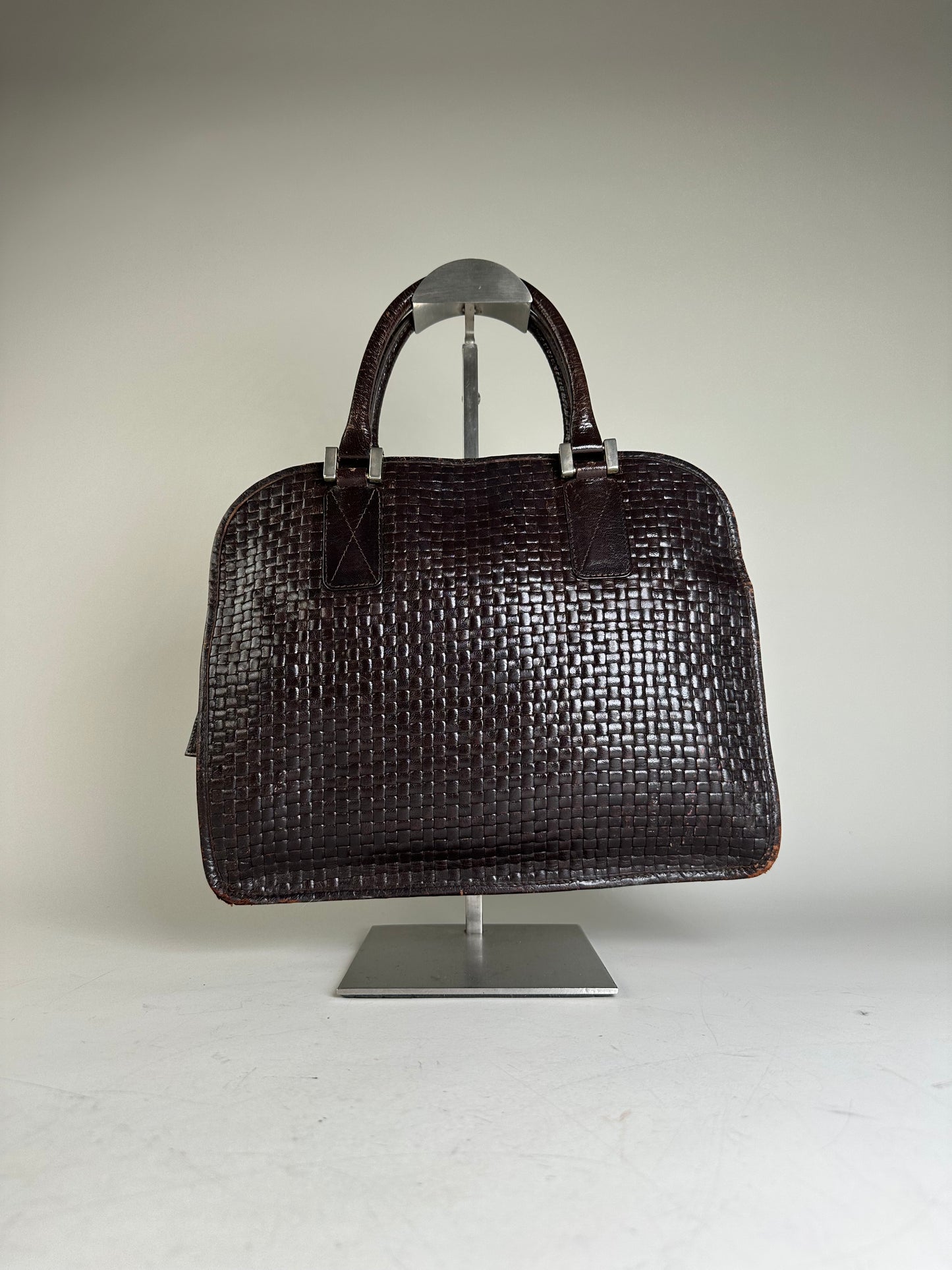 Vintage Fendi Woven Leather Handbag Dark Brown Silver