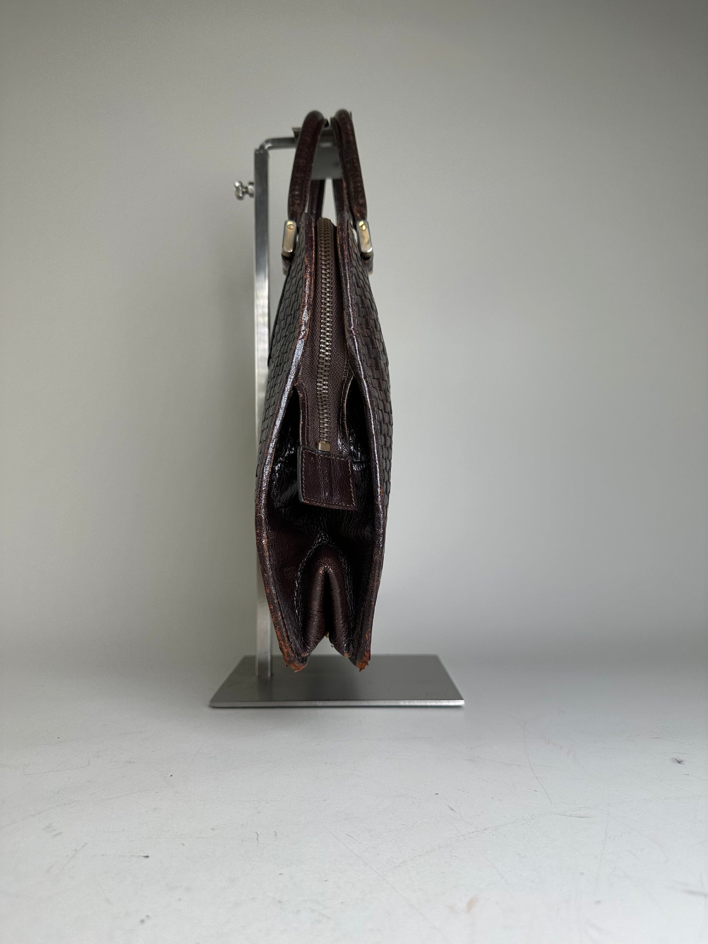 Vintage Fendi Woven Leather Handbag Dark Brown Silver