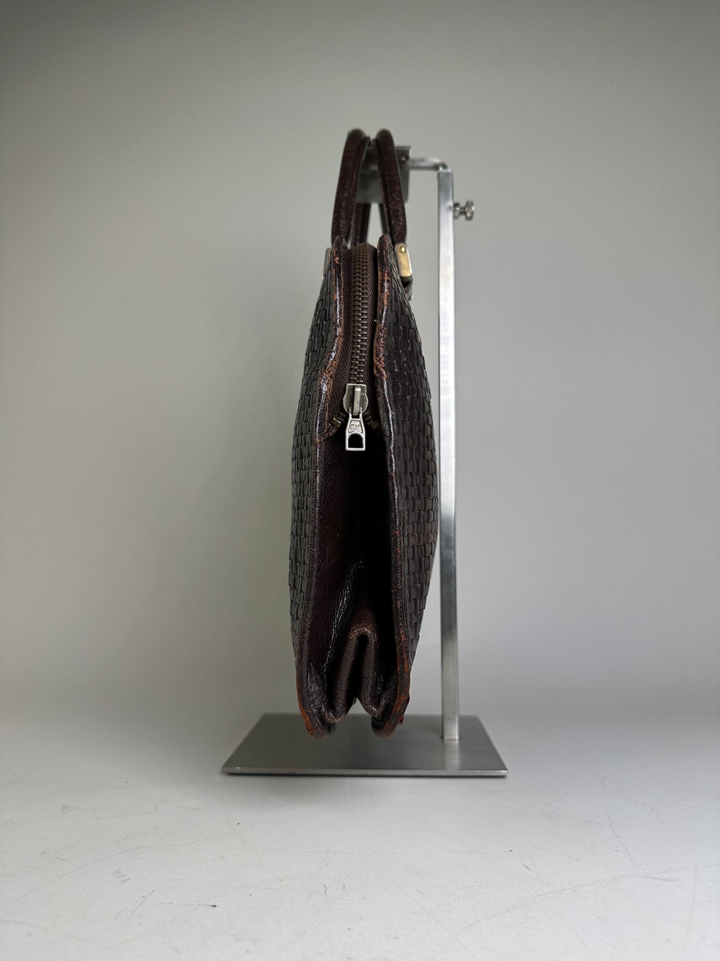 Vintage Fendi Woven Leather Handbag Dark Brown Silver
