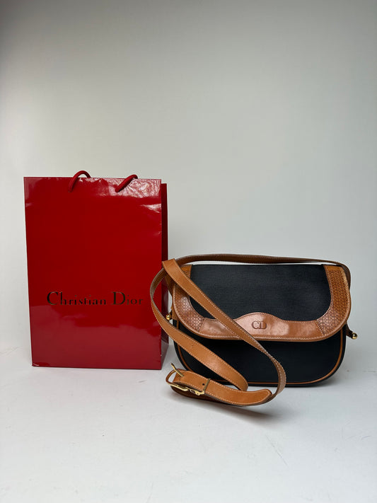Vintage Christian Dior Crossbody Bag Black Canvas Cognac Leather