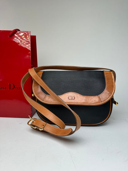 Vintage Christian Dior Crossbody Bag Black Canvas Cognac Leather