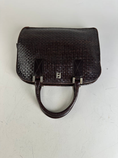 Vintage Fendi Woven Leather Handbag Dark Brown Silver