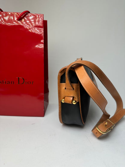 Vintage Christian Dior Crossbody Bag Black Canvas Cognac Leather