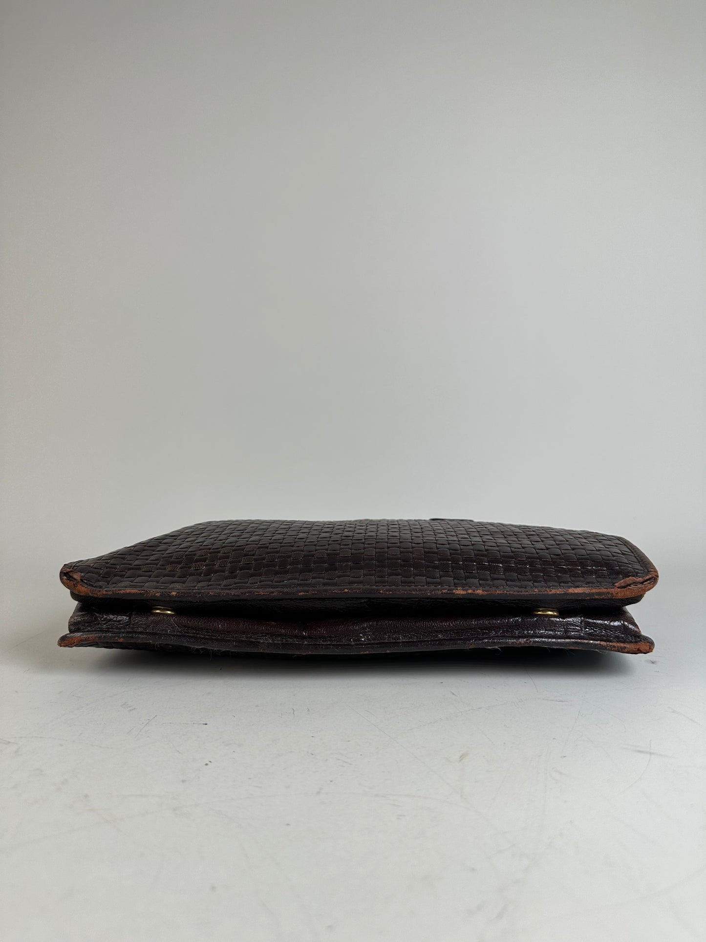 Vintage Fendi Woven Leather Handbag Dark Brown Silver