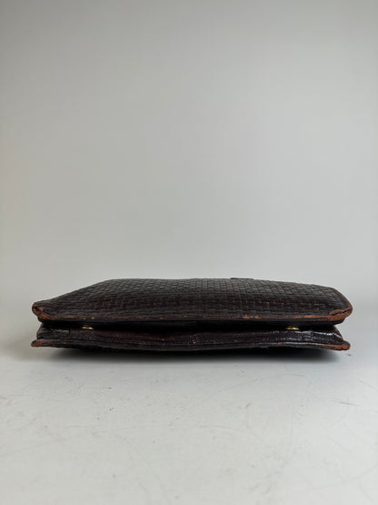 Vintage Fendi Woven Leather Handbag Dark Brown Silver