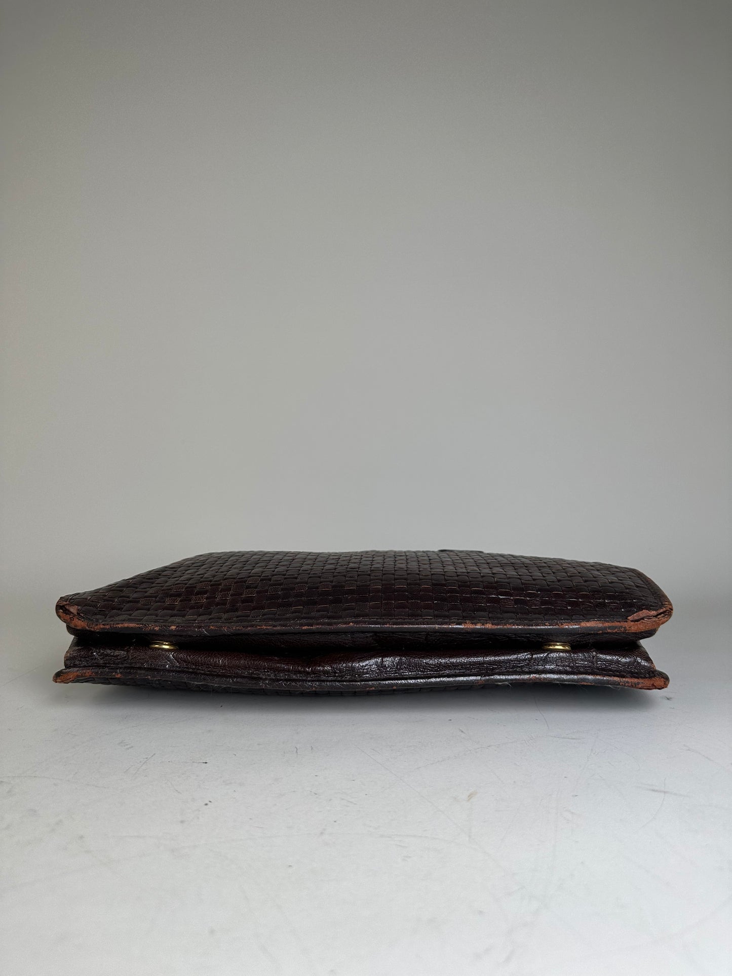 Vintage Fendi Woven Leather Handbag Dark Brown Silver