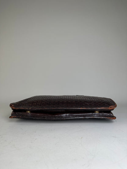 Vintage Fendi Woven Leather Handbag Dark Brown Silver