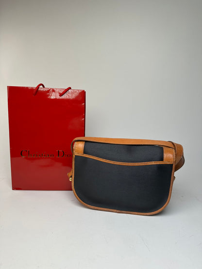 Vintage Christian Dior Crossbody Bag Black Canvas Cognac Leather