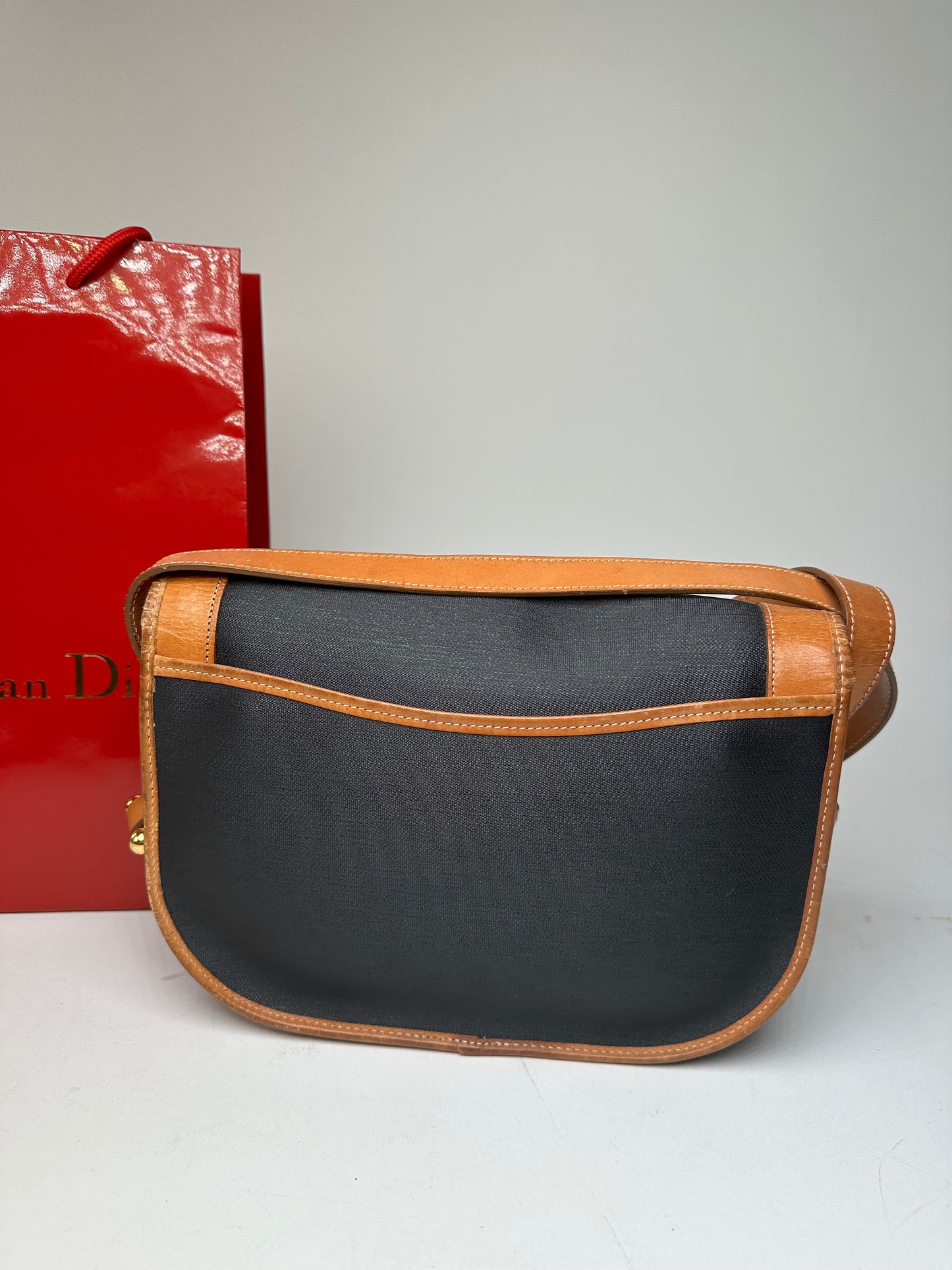 Vintage Christian Dior Crossbody Bag Black Canvas Cognac Leather