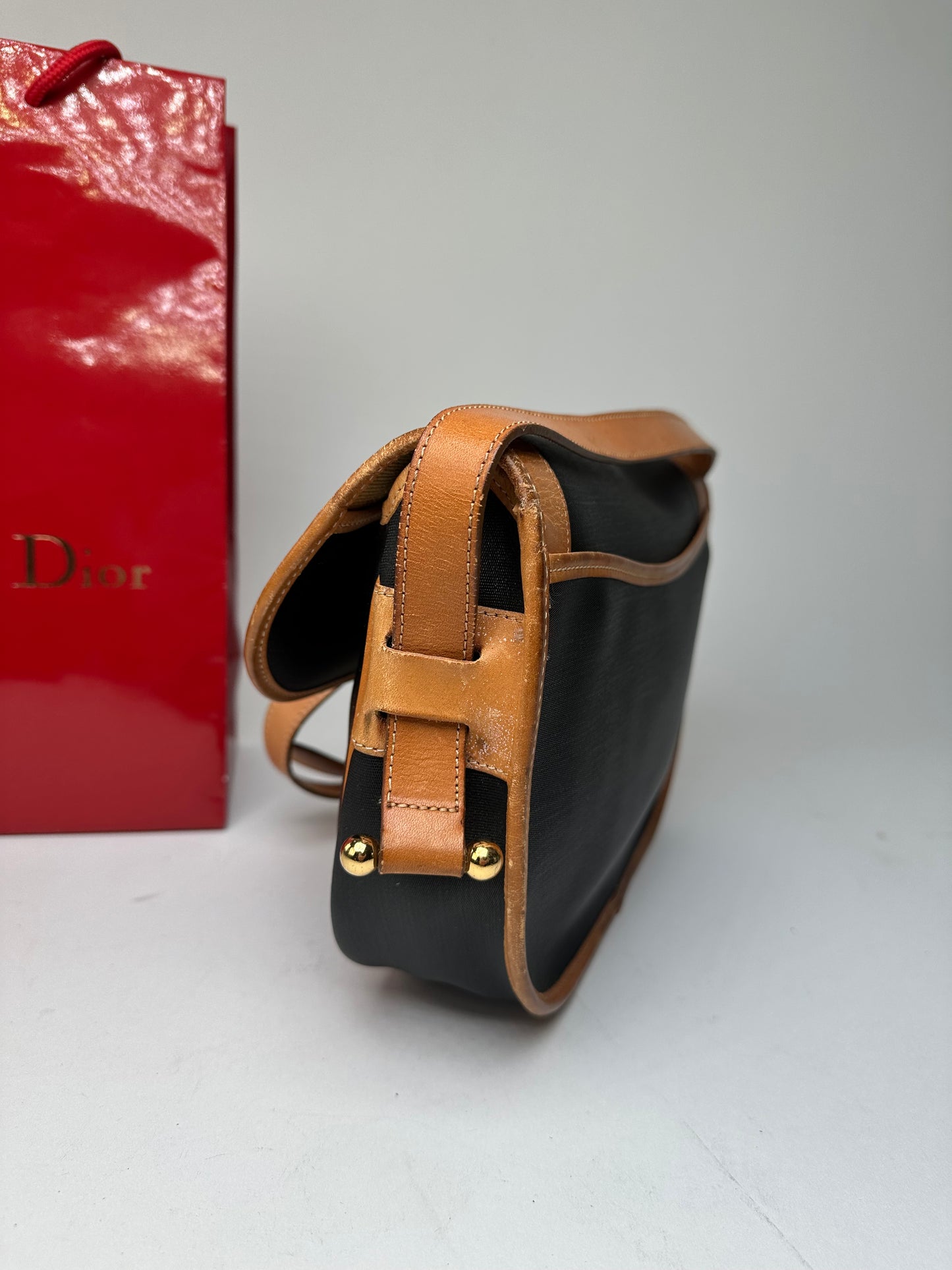 Vintage Christian Dior Crossbody Bag Black Canvas Cognac Leather