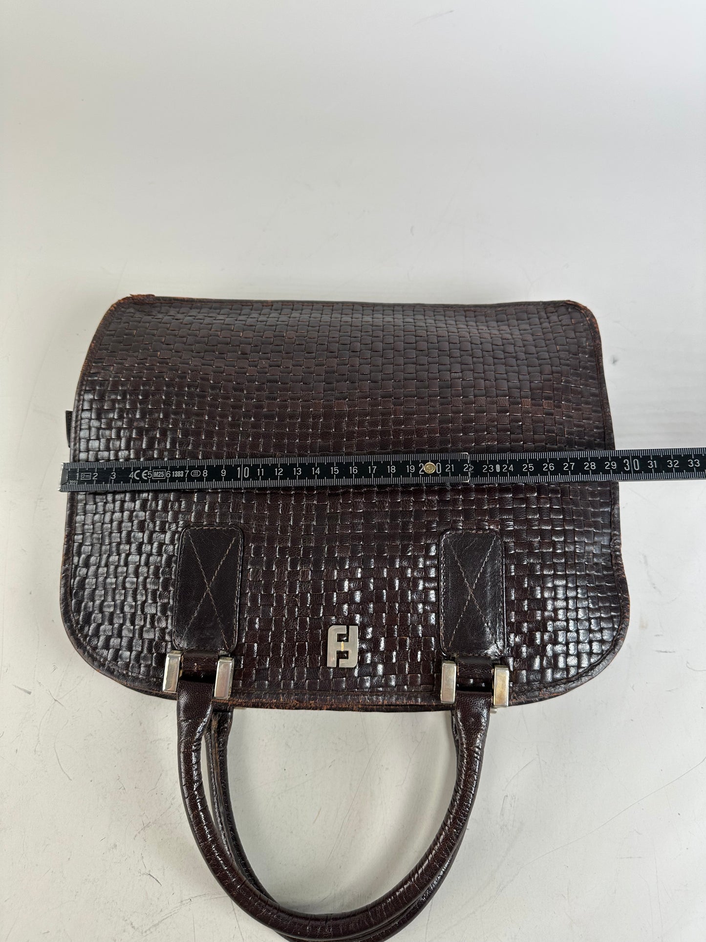 Vintage Fendi Woven Leather Handbag Dark Brown Silver